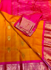 KANCHIPURAM HANDLOOM PURE SILK SAREE IN YELLOW WITH PINK ZARI BORDER AND PALLU