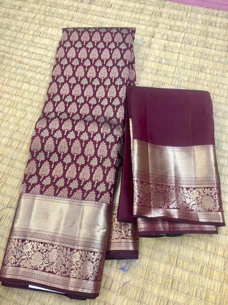 KSS308 Equisite Kanjivaram Pure Silk Brocade Saree In Maroon. Fall Peco done. Comes with stitched blouse size: 38 to 46. SILK MARK CERTIFIED