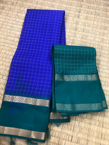 KSS310 Pure Kanjivaram Checkered Silk Saree In Blue w/ Gap Border. Fall Peco done. Stitched blouse size: 38 to 46. SILK MARK CERTIFIED