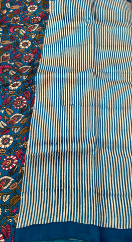 KKT134 PURE SILK MURSHIDABAD SAREE IN WHITE AND BLUE STRIPES WITH FLORAL DESIGN PALLU