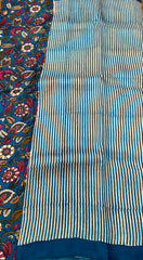 KKT134 PURE SILK MURSHIDABAD SAREE IN WHITE AND BLUE STRIPES WITH FLORAL DESIGN PALLU