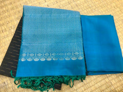 KSS327 Pure Kanjivaram Soft Silk Saree In Black w/ Cobalt Blue Border. Fall Peco done. Stitched blouse size: 38 - 46. SILK MARK CERTIFIED