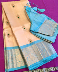 SKH142 KANCHIPURAM HANDLOOM PURE SILK SAREE IN IVORY WITH BLUE ZARI BORDER AND PALLU