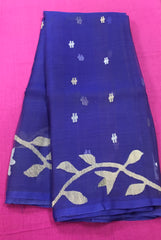 KKT130 PURE MATKA SILK JAMDANI SAREE IN DARK BLUE WITH WHITE THREAD WORK