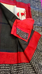 KKT141 PURE SILK MURSHIDABAD SAREE IN RED AND WHITE WITH BLACK BORDER