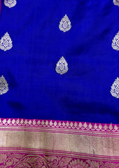 PURE BANARASI HANDLOOM KATAN SILK SAREE IN BLUE WITH PINK  ZARI BORDER AND PALLU