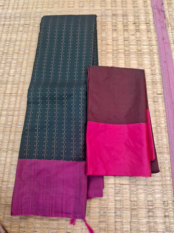 KSS321 Semi Silk Arani Pattu Saree w/ Stitched Blouse In Bottle Green w/ Pink Border. Fall Peco done. Stitched blouse size: 38 to 46.