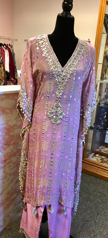 RFSS1904 - Pure Shimmer Georgette Pastel Pink Heavy Mirror Work Kaftan With Straight Pants