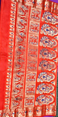 PURE HANDLOOM BALUCHURI SILK SAREE IN ORANGE WITH BLUE AND GOLD ZARI THREAD WORK