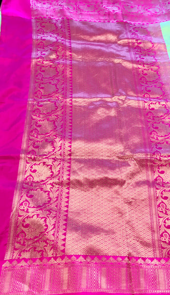 PURE BANARASI HANDLOOM KATAN SILK SAREE IN LIGHT GREEN WITH PINK ZARI BORDER AND PALLU