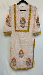 RFSS914 - Jaipuri Cotton Suit in White with Orange floral prints. Comes with Pants and Dupatta