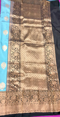 PURE BANARASI HANDLOOM KATAN SILK SAREE IN TURQUOISE WITH BOTTLE GREEN ZARI BORDER AND PALLU