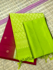 KSS333 Pure Kanjivaram Soft Silk Saree. Crimson Red w/ Green Border. Fall Peco. Stitched blouse size: 38 - 46. SILK MARK CERTIFIED