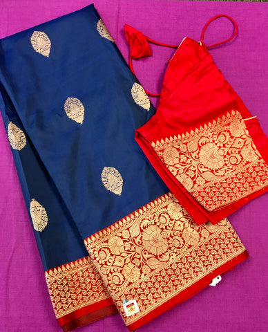 KKT123 PURE BANARASI HANDLOOM KATAN SILK SAREE IN DARK BLUE WITH RED ZARI BORDER AND PALLU