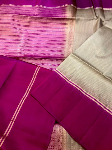 KSS329 Pure Kanjivaram Soft Silk Saree In Beige w/ Dark Pink Border. Fall Peco done. Stitched blouse size: 38 - 46. SILK MARK CERTIFIED