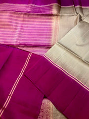 KSS329 Pure Kanjivaram Soft Silk Saree In Beige w/ Dark Pink Border. Fall Peco done. Stitched blouse size: 38 - 46. SILK MARK CERTIFIED