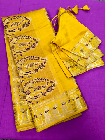 PURE HANDLOOM BALUCHURI SILK SAREE IN YELLOW WITH BROWN AND GOLD ZARI THREAD WORK