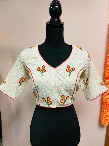 DKF122-Hakoba Blouse in Off-Whte with Red floral French-knot embroidery. Can be altered up to size 42