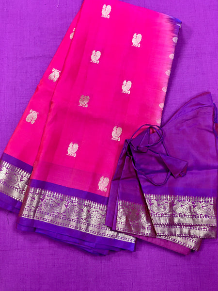 SKH147 PURE GADWAL HANDLOOM SILK SAREE IN PINK WITH PURPLE ZARI BORDER AND PALLU