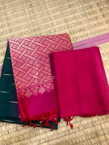 KSS326 Pure Kanjivaram Soft Silk Saree In Bottle Green w/ Dark Pink Border. Fall Peco. Stitched blouse size: 38 - 46. SILK MARK CERTIFIED