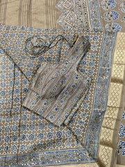 PURE MODAL SILK ZARI BORDER SAREE IN GRAY WITH INDIGO AJRAKH PRINT