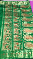 PURE HANDLOOM BALUCHURI SILK SAREE IN BOTTLE GREEN WITH RED AND GOLD ZARI THREAD WORK