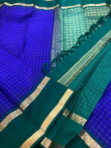 KSS310 Pure Kanjivaram Checkered Silk Saree In Blue w/ Gap Border. Fall Peco done. Stitched blouse size: 38 to 46. SILK MARK CERTIFIED