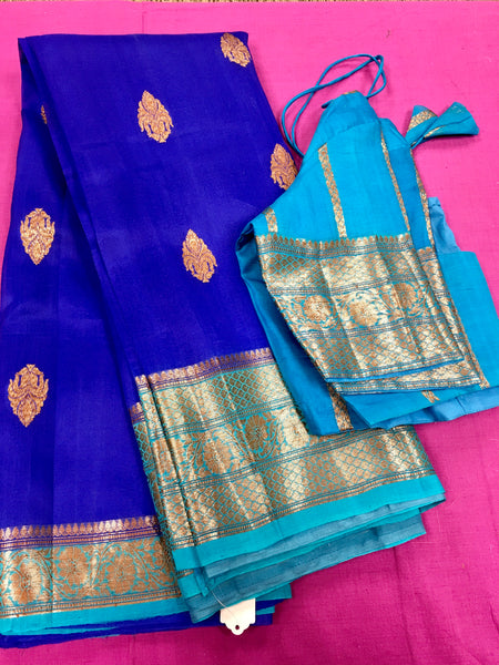 KKT107 PURE BANARASI HANDLOOM KORA SILK SAREE IN DARK BLUE WITH LIGHT BLUE ZARI BORDER AND PALLU