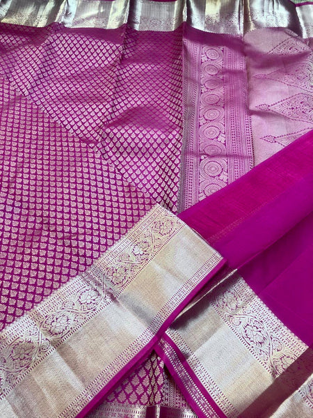 KSS306 Equisite Kanjivaram Pure Silk Brocade Saree In Pink. Fall Peco done. Comes with stitched blouse size: 38 to 46. SILK MARK CERTIFIED
