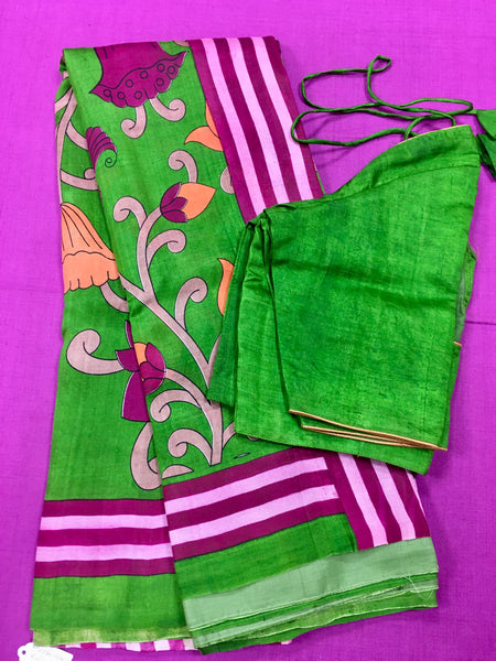 KKT139 PURE SILK MURSHIDABAD SAREE IN GREEN WITH KALAMKARI FLORAL DESIGN