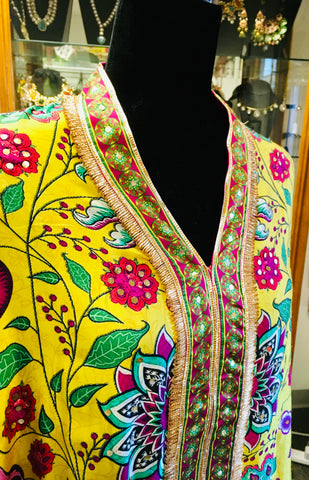 RFSS2008 -Pure Crepe Printed Kaftan In Yellow With Tulip Pants And Potli