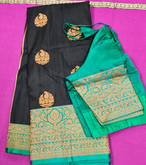 KKT114 PURE SILK TUSSAR BANARASI SAREE IN BLACK WITH ZARI BUTTAS AND GREEN CONTRAST BORDER