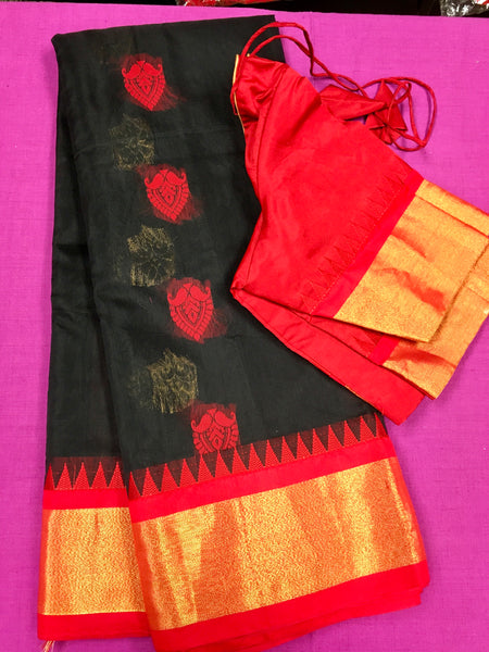 SKH123 PURE KANCHIPURAM HANDLOOM SICO KORVAI SILK COTTON SAREE IN BLACK WITH RED BORDER