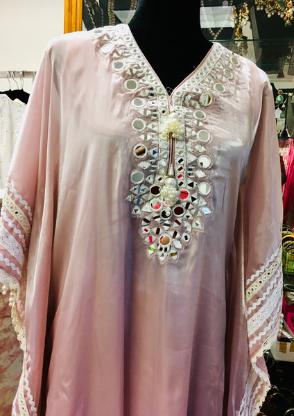 RFSS1909 - Beautiful Pastel Pink Pure Crepe Printed Kaftan With Loose Pants