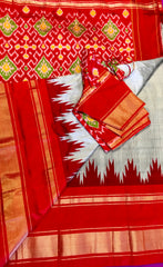 SKH134 PURE HANDLOOM SILK IKKAT KANCHIPURAM SAREE IN GREY WITH RED TEMPLE BORDER