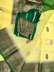 KKT110 PURE BANARASI HANDLOOM KORA SILK SAREE IN LEMON YELLOW WITH GREEN ZARI BORDER AND PALLU