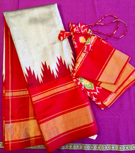 PURE HANDLOOM SILK IKKAT KANCHIPURAM SAREE IN GREY WITH RED TEMPLE BORDER