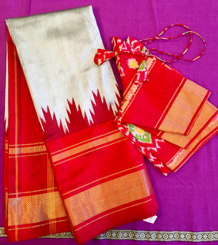 SKH134 PURE HANDLOOM SILK IKKAT KANCHIPURAM SAREE IN GREY WITH RED TEMPLE BORDER