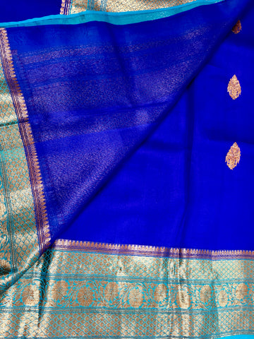 KKT107 PURE BANARASI HANDLOOM KORA SILK SAREE IN DARK BLUE WITH LIGHT BLUE ZARI BORDER AND PALLU