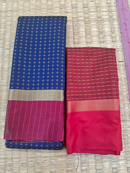 KSS317 Semi Silk Arani Pattu Saree w/ Stitched Blouse In Navy Blue. Fall Peco done. Comes w/ stitched blouse size: 38 to 46.