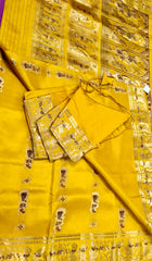 PURE HANDLOOM BALUCHURI SILK SAREE IN YELLOW WITH BROWN AND GOLD ZARI THREAD WORK