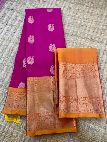 KSS314 Pure Kanjivaram Silk Saree In Dark Pink w/ Wide Zari Border. Fall Peco done. Stitched blouse size: 38 to 46. SILK MARK CERTIFIED