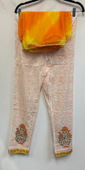 RFSS914 - Jaipuri Cotton Suit in White with Orange floral prints. Comes with Pants and Dupatta