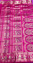 PURE HANDLOOM BALUCHURI SILK SAREE IN PINK WITH PURPLE AND GOLD ZARI THREAD WORK