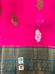 KKT108 PURE BANARASI HANDLOOM KORA SILK SAREE IN PINK WITH LIGHT BLUE ZARI BORDER AND PALLU