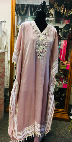 RFSS1909 - Beautiful Pastel Pink Pure Crepe Printed Kaftan With Loose Pants