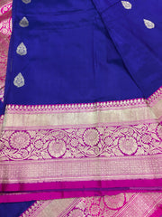 PURE BANARASI HANDLOOM KATAN SILK SAREE IN BLUE WITH PINK  ZARI BORDER AND PALLU