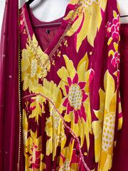 RBD052- Dark pink and yellow chinnon suit with dupatta.