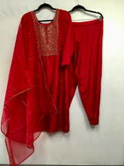 PNK003-Salwar suit with embroidery in red and yellow.