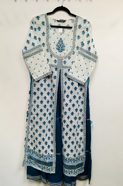 HHR007- Blue floor length gown with faux block print jacket.